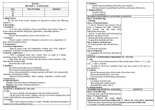 Giáo án Tiếng Anh 6 Review 1: Language