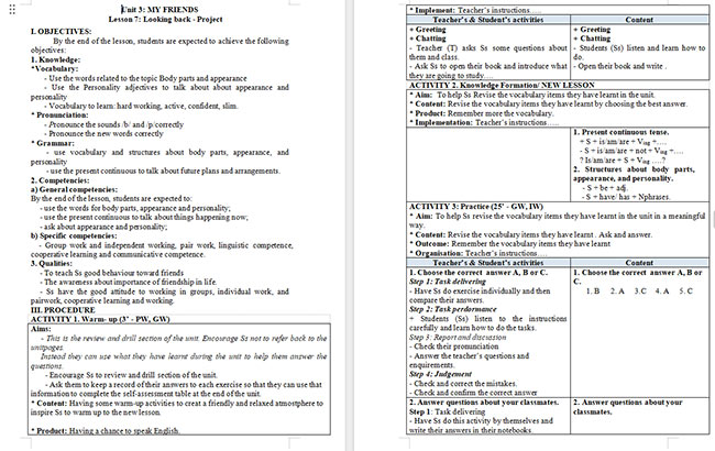 Giáo án Tiếng Anh 6 Unit 3: Looking Back