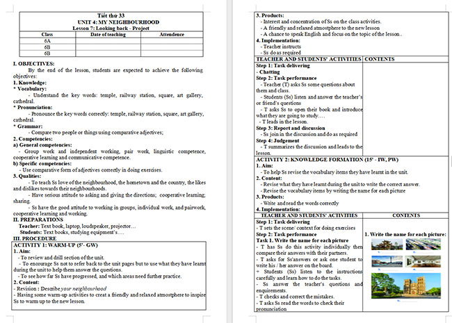 Giáo án Tiếng Anh 6 Unit 4: Looking Back