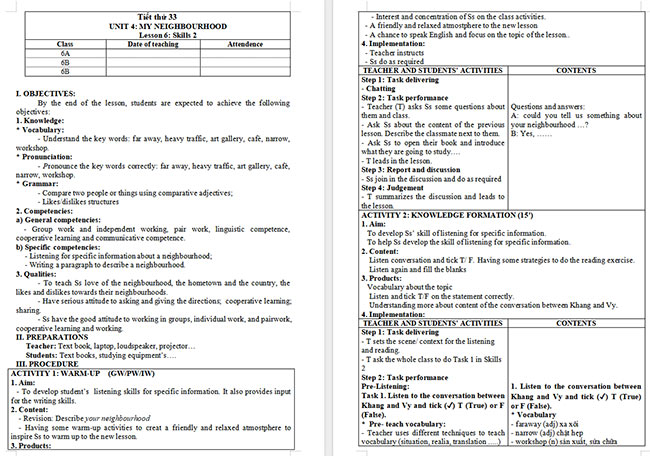 Giáo án Tiếng Anh 6 Unit 4: Skills 2