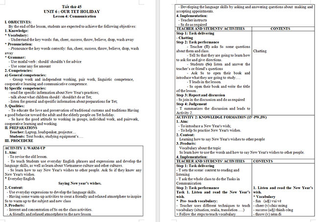 Giáo án Tiếng Anh 6 Unit 6: Communication