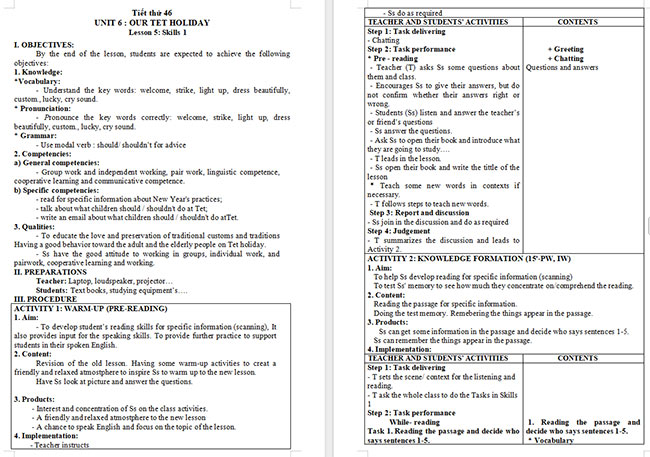 Giáo án Tiếng Anh 6 Unit 6: Skills 1