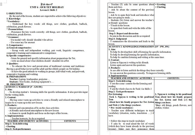 Giáo án Tiếng Anh 6 Unit 6: Skills 2