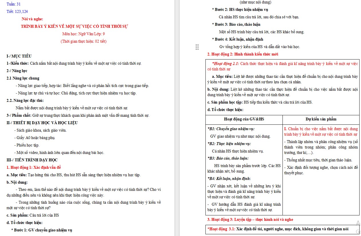 KHBD Ngữ văn 9 Bài Trình bày ý kiến về một sự việc có tính thời sự CTST