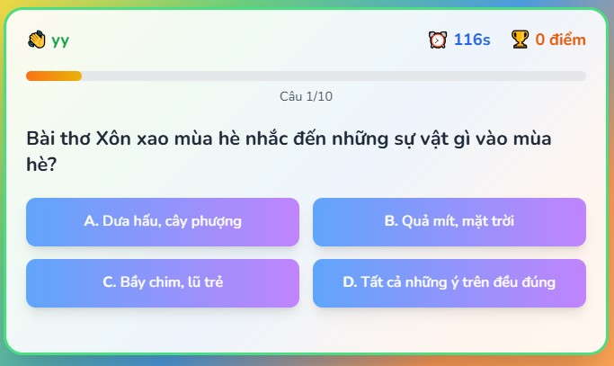 Trò chơi tương tác Trắc nghiệm vui về mùa hè