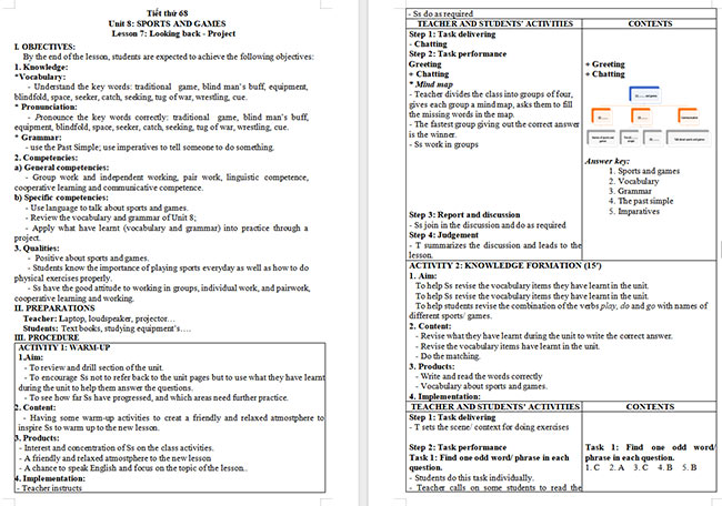 Giáo án Tiếng Anh 6 Unit 8: Looking Back