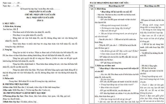 Giáo án Đạo đức 2 Bài 2: Nhận lỗi và sửa lỗi