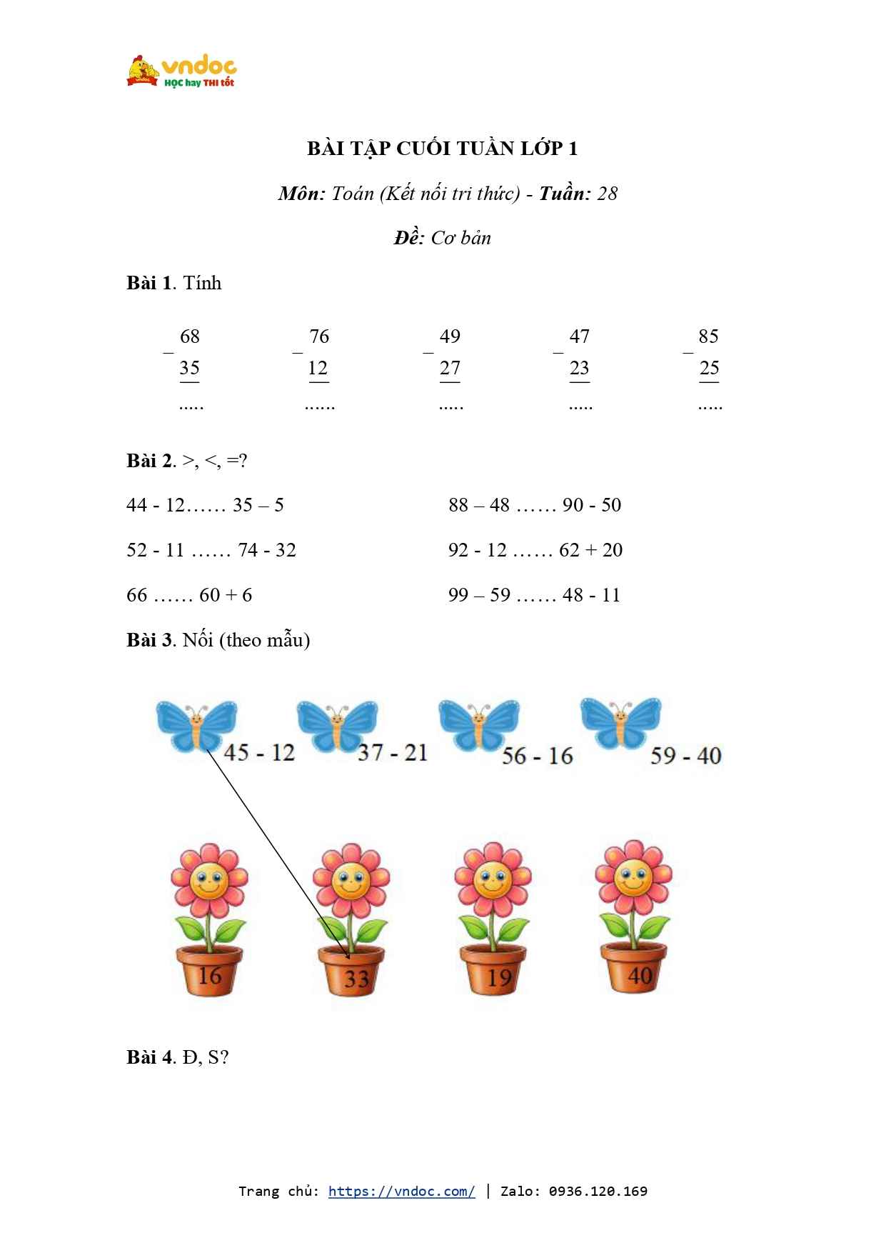 Bài tập cuối tuần môn Toán lớp 1 Tuần 28