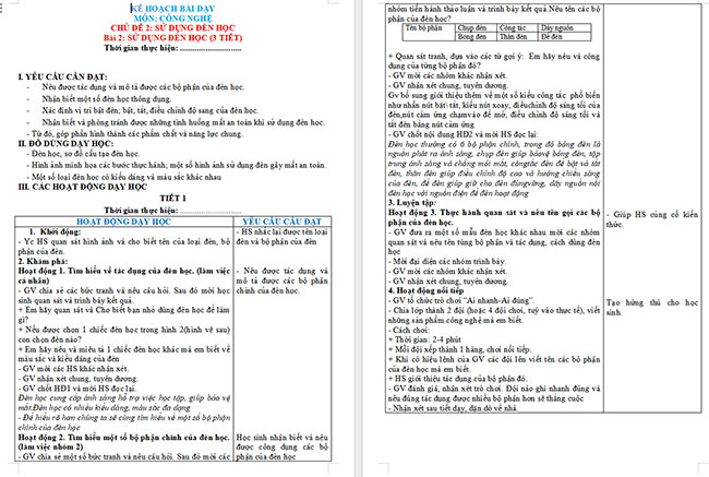 Giáo án Công nghệ 3 Bài 2: Sử dụng đèn học