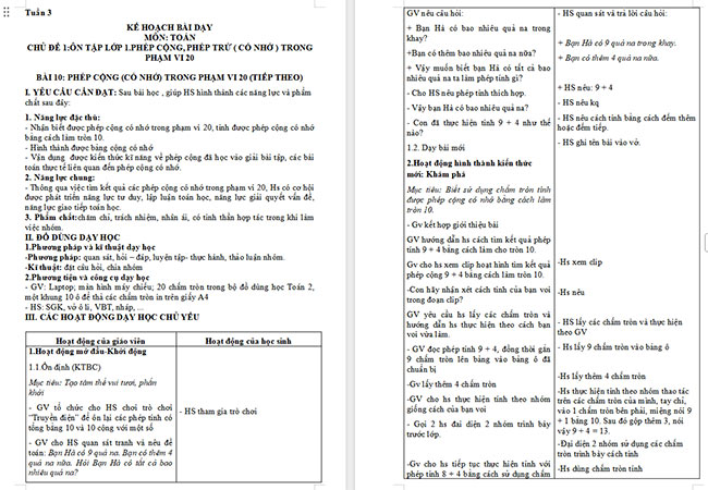 Giáo án Toán 2: Phép cộng (có nhớ) trong phạm vi 20 (tiếp theo)