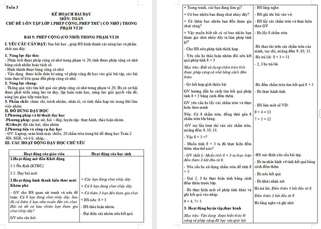 Giáo án Toán 2: Phép cộng (có nhớ) trong phạm vi 20
