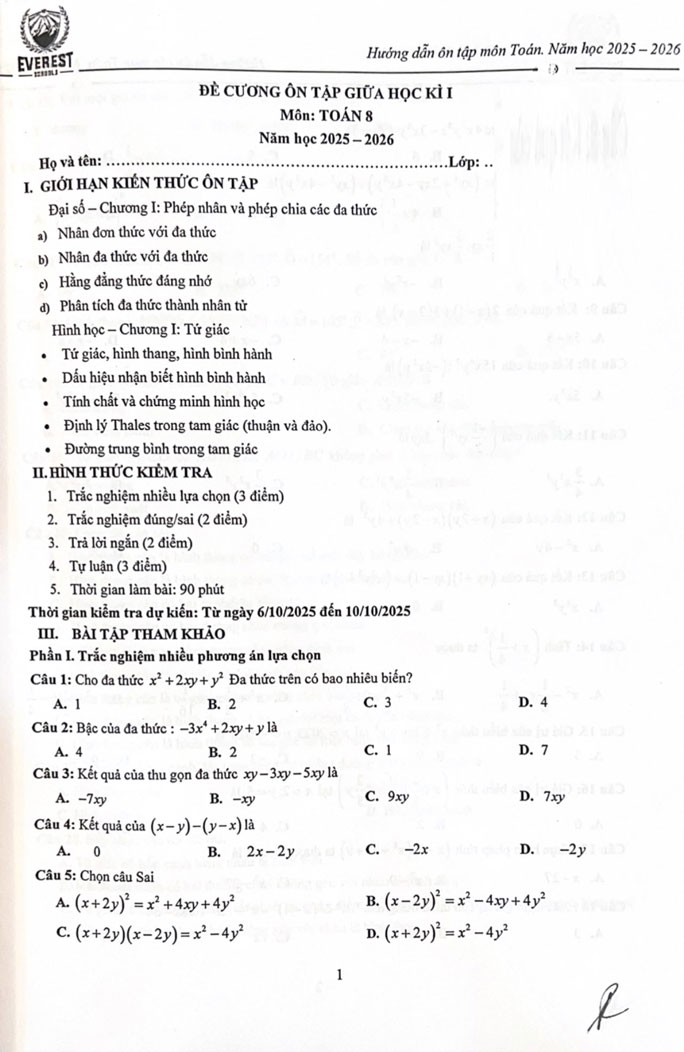 Đề cương ôn tập giữa kì I Toán 9 trường Everest năm 2025-2026