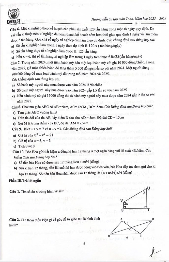 Đề cương ôn tập giữa kì I Toán 9 trường Everest năm 2025-2026