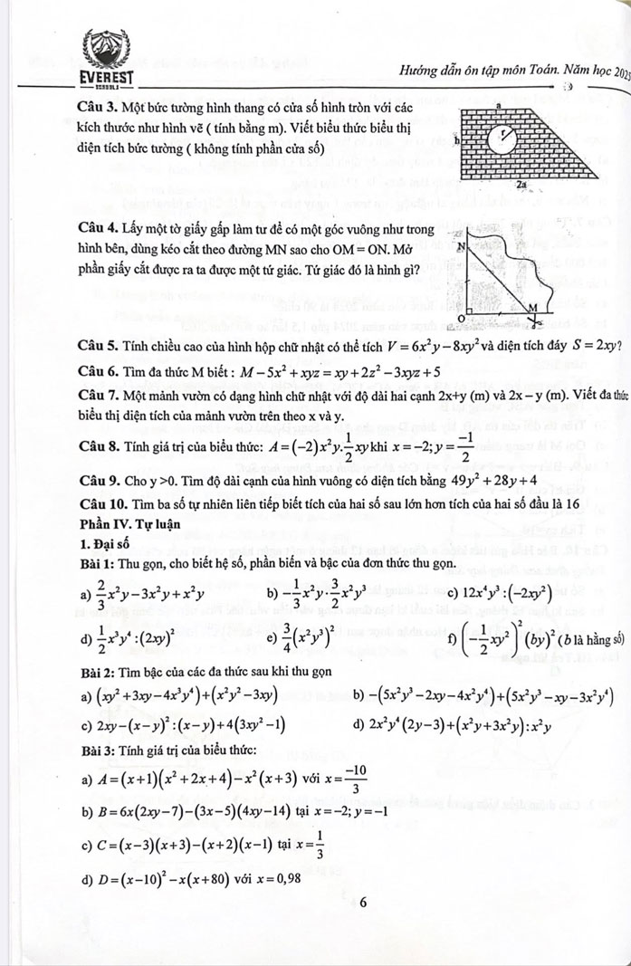 Đề cương ôn tập giữa kì I Toán 9 trường Everest năm 2025-2026