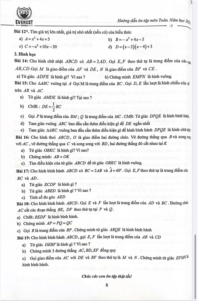 Đề cương ôn tập giữa kì I Toán 9 trường Everest năm 2025-2026