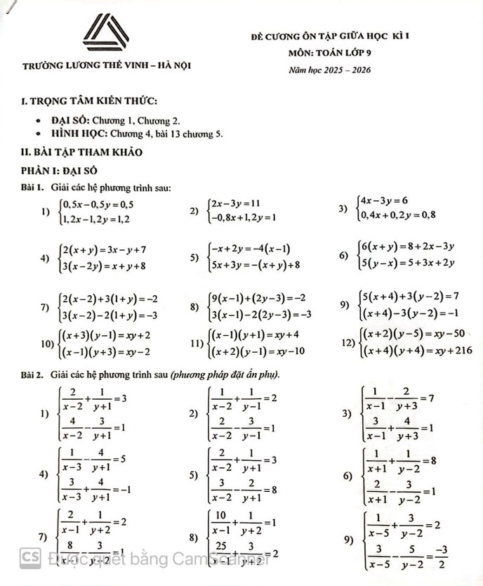 Đề cương ôn tập giữa học kì 1 Toán 9 năm 2025-2026 trường Lương Thế Vinh