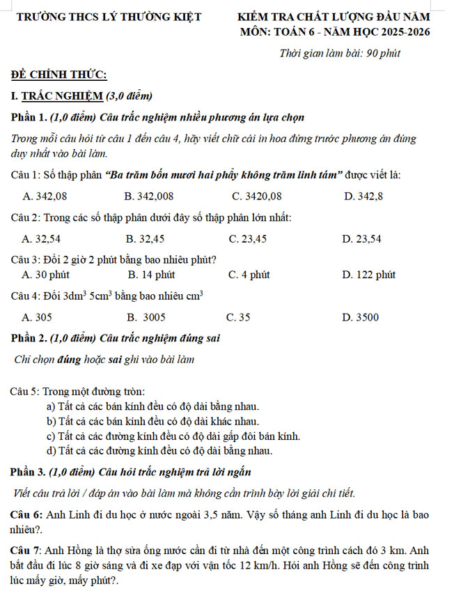 Đề kiểm tra Toán 6 đầu năm 2025 – 2026 trường THCS Lý Thường Kiệt – TP HCM