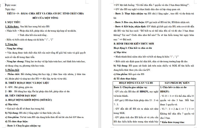 Giáo án Toán 6 Bài 6: Chia hết và chia có dư. Tính chất chia hết của một tổng