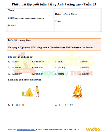 Phiếu bài tập cuối tuần tiếng Anh lớp 4 Global success nâng cao Tuần 33