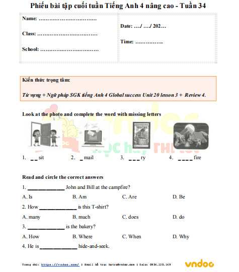 Phiếu bài tập cuối tuần tiếng Anh lớp 4 Global success nâng cao Tuần 34