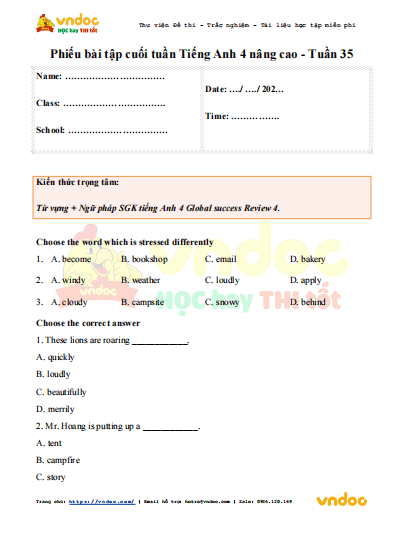 Phiếu bài tập cuối tuần tiếng Anh lớp 4 Global success nâng cao Tuần 35