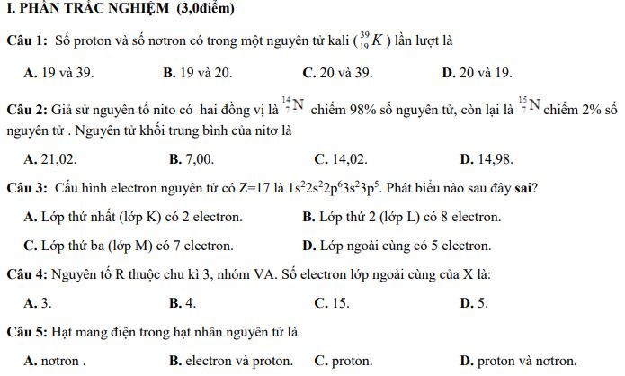 Đề thi giữa học kì 1 Hóa 10 Cánh diều
