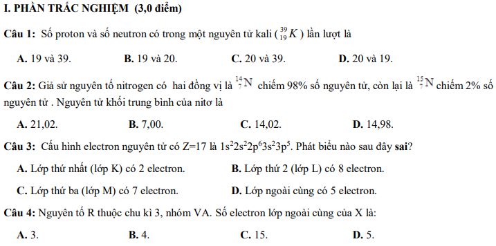 Đề thi giữa học kì 1 Hóa học 10 Cánh diều