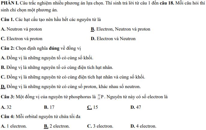 Đề thi giữa kì 1 Hóa 10 Chân trời sáng tạo - Đề 1