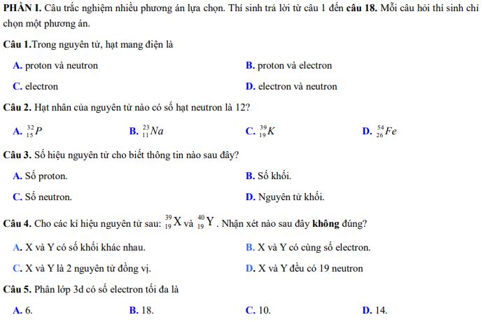 Đề thi giữa kì 1 Hóa 10 Kết nối tri thức - Đề 3