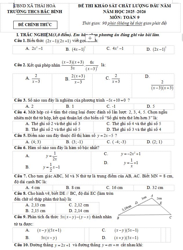 Đề kiểm tra chất lượng Toán 9 năm 2025 – 2026 trường THCS Bắc Bình