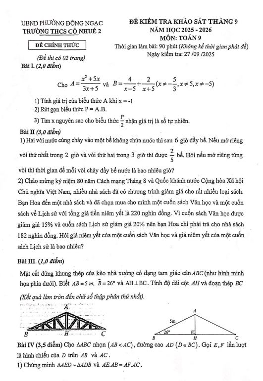 Đề kiểm tra chất lượng Toán 9 năm 2025 – 2026 trường THCS Cổ Nhuế 2 – Hà Nội