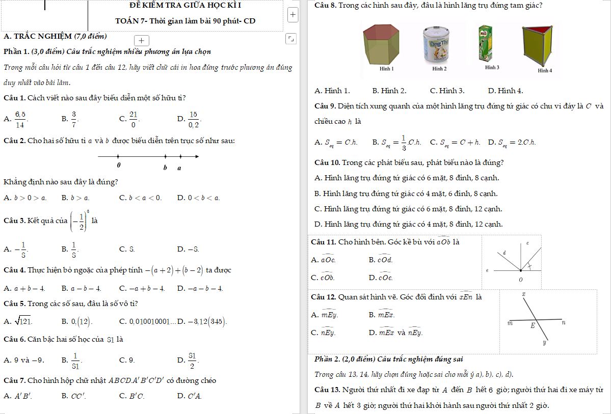 Đề thi giữa học kì I Toán 7 cấu trúc trắc nghiệm mới