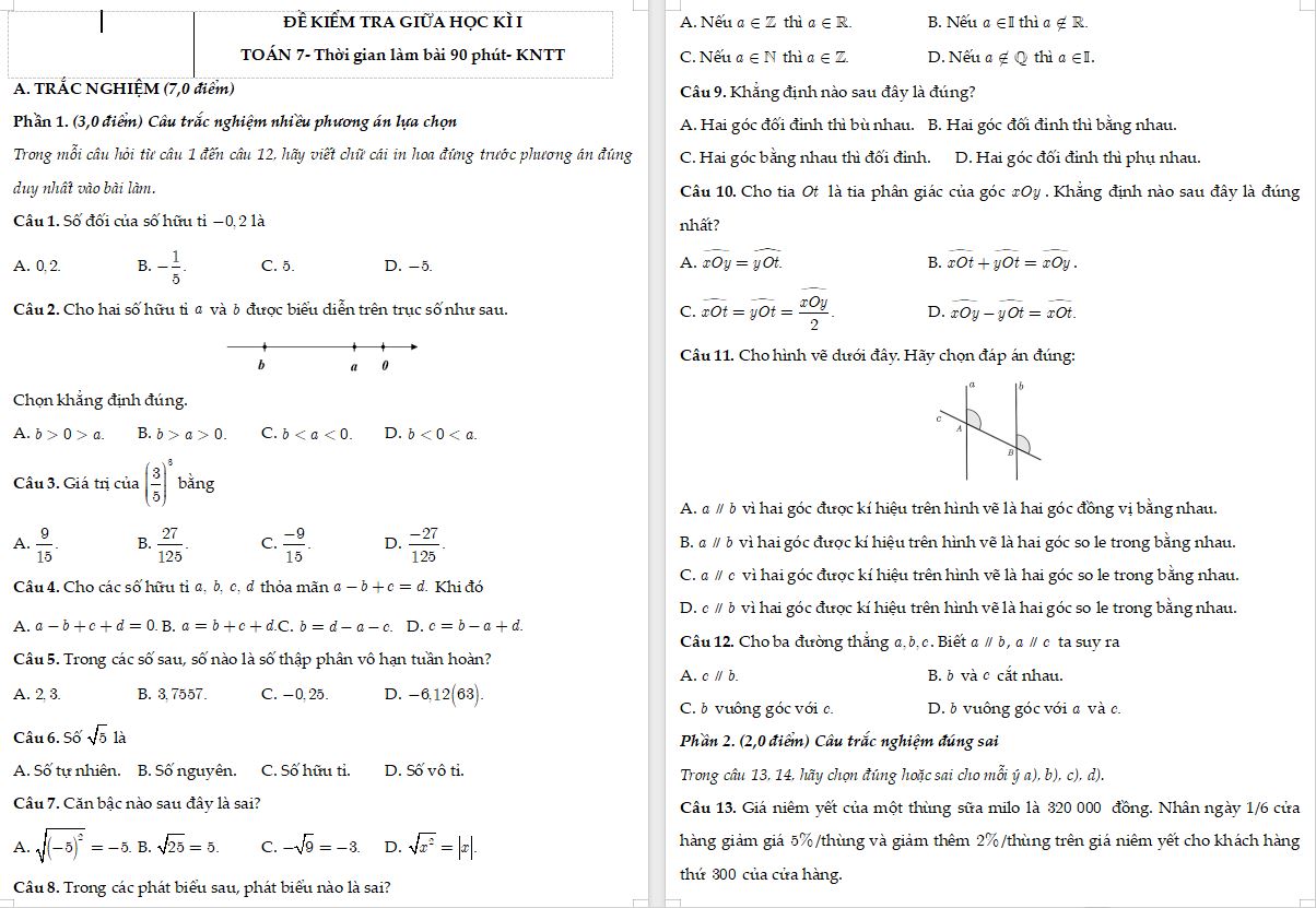 Đề thi giữa kì 1 Toán 7 Kết nối tri thức - Đề 2 cấu trúc mới năm 2025-2026