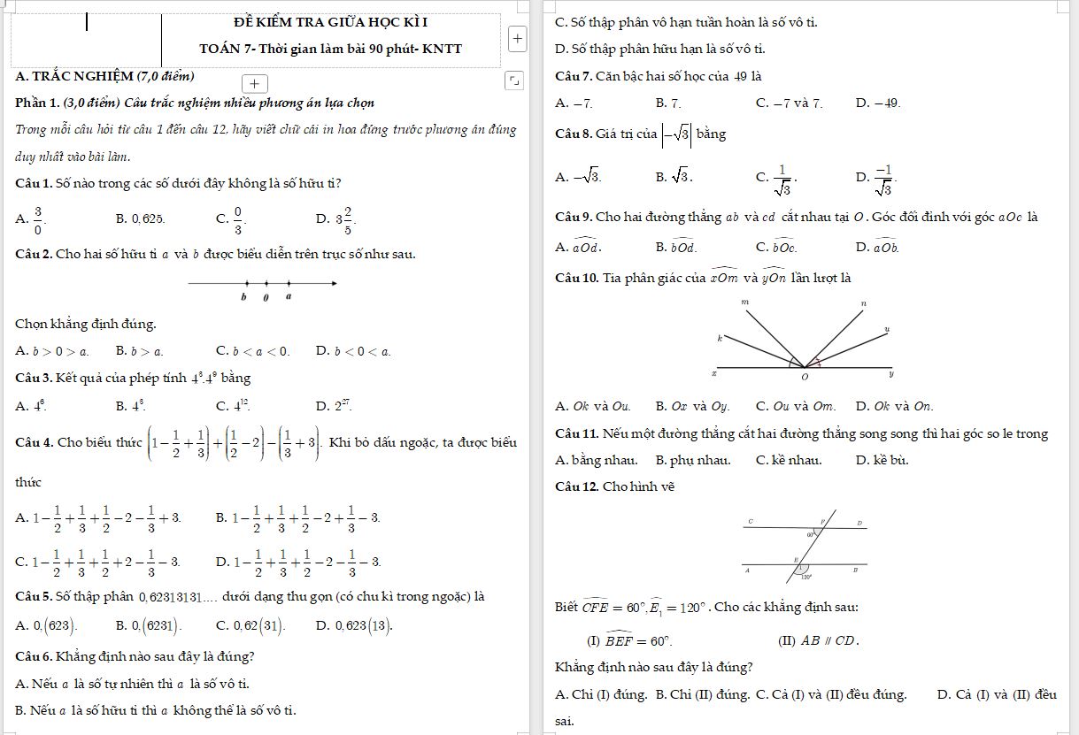 Đề thi giữa học kì I Toán 7 KNTT - đề 4