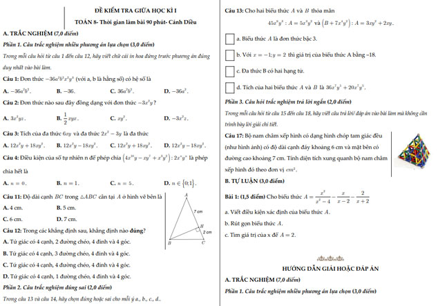 Bộ 5 đề thi giữa học kì I Toán 8 Cánh diều cấu trúc mới