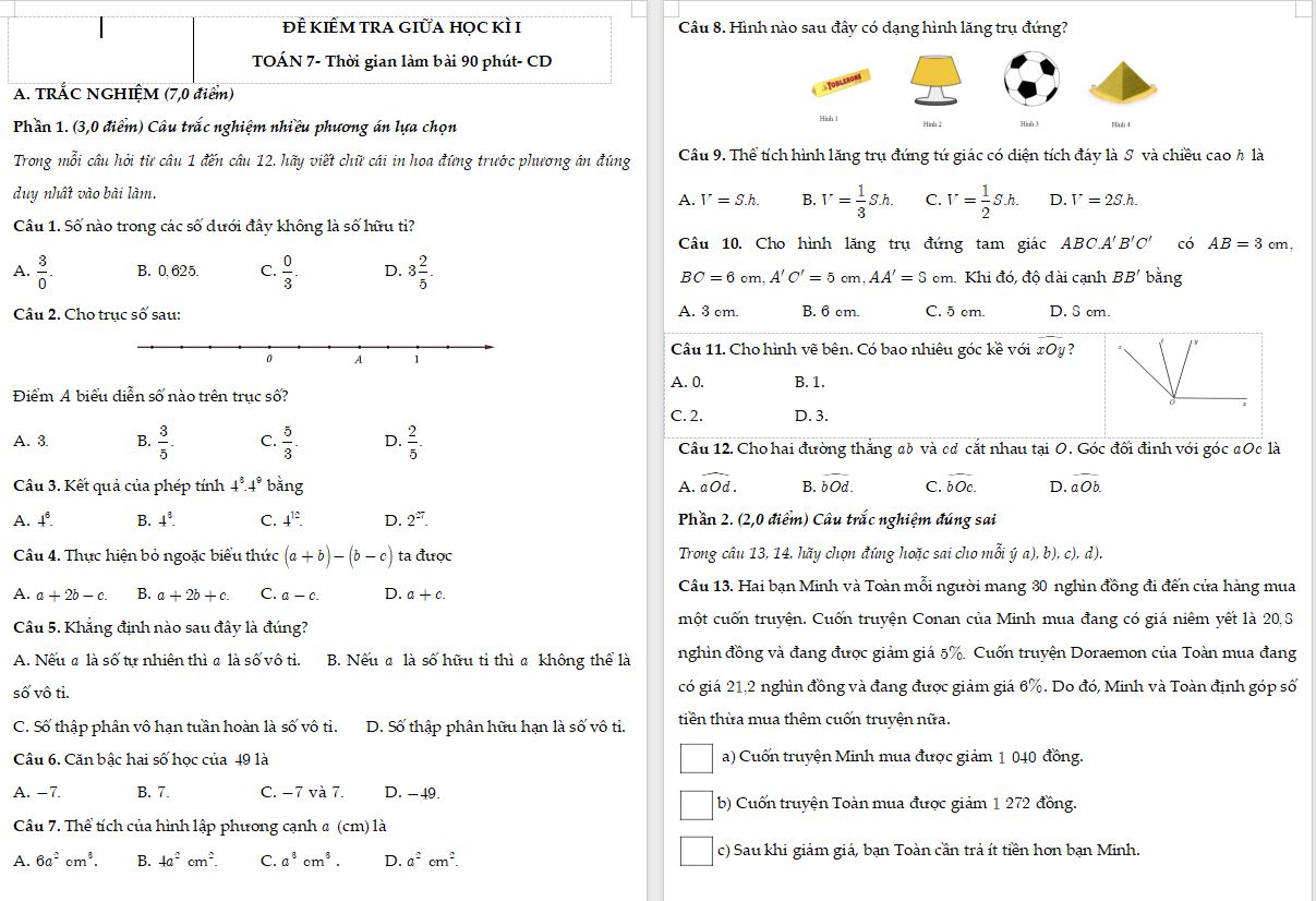 Đề thi giữa kì 1 Toán 7 Cánh diều có đáp án - Đề 2 cấu trúc mới