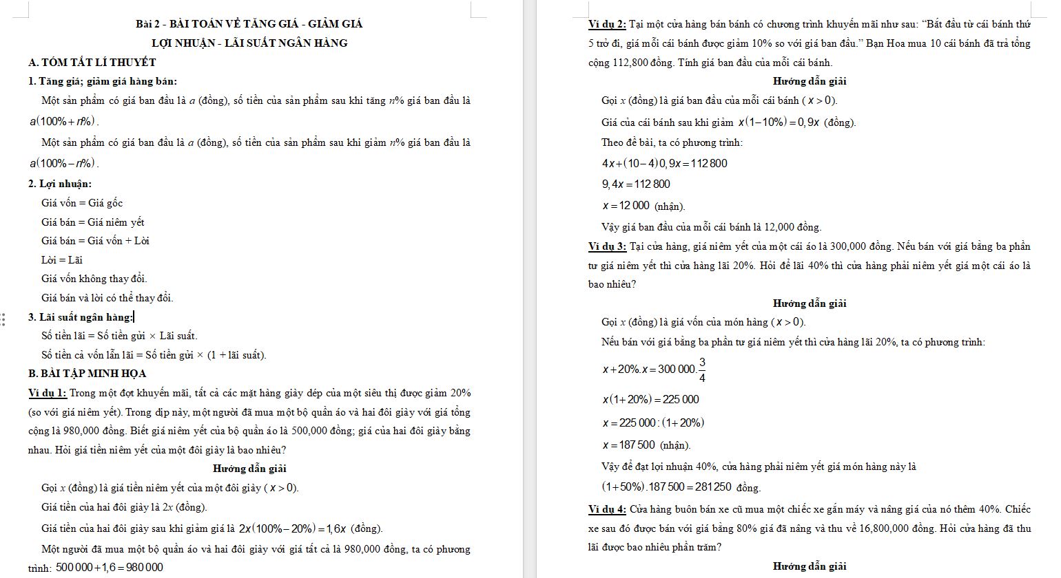 Các dạng toán về Tăng giá - giảm giá, lợi nhuận - lãi suất ngân hàng Toán 8
