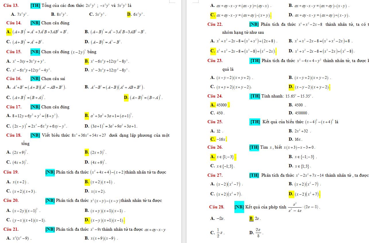 Đề cương ôn tập giữa kì 1 Toán 8 CTST cấu trúc mới