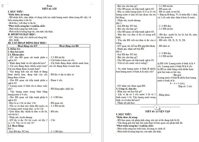 Giáo án Toán 2 Bài 16: Lít