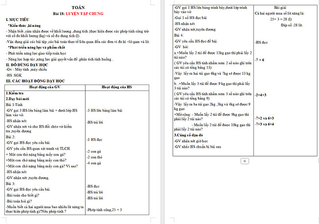 Giáo án Toán 2 Bài 18: Luyện tập chung