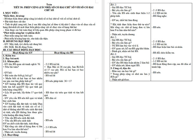 Giáo án Toán 2 Bài 20