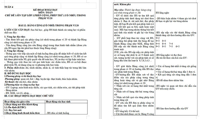 Giáo án Toán 2: Bảng cộng (có nhớ) trong phạm vi 20