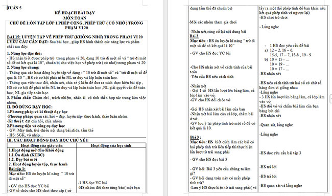 Giáo án Toán 2: Luyện tập phép trừ (không nhớ) trong phạm vi 20