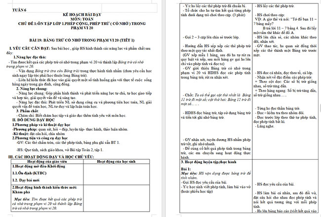 Giáo án Toán 2: Bảng trừ (có nhớ) trong phạm vi 20