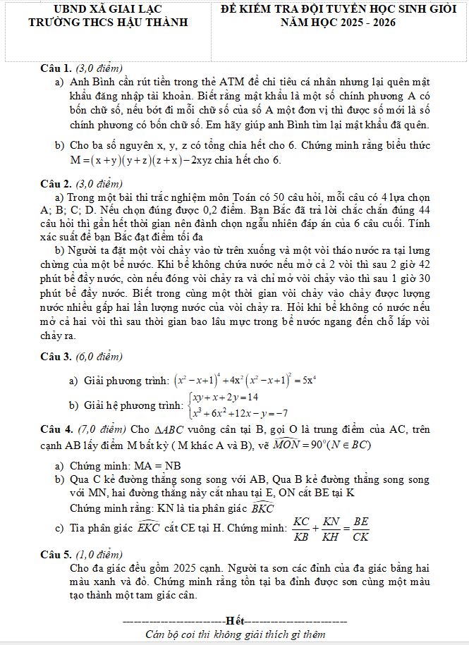 Đề kiểm tra HSG Toán năm 2025 – 2026 có đáp án trường THCS Hậu Thành – Nghệ An