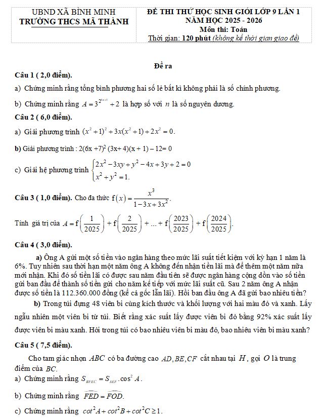 đề thi học sinh giỏi toán Mã Thành – Nghệ An lớp 9