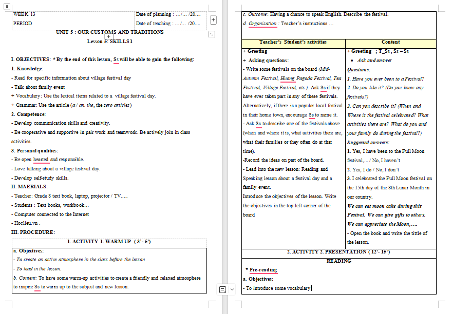 Giáo án PowerPoint Tiếng Anh 8 Unit 5: Skills 1