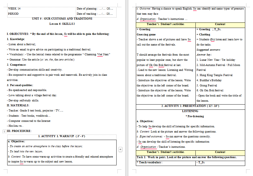 Giáo án PowerPoint Tiếng Anh 8 Unit 5: Skills 2