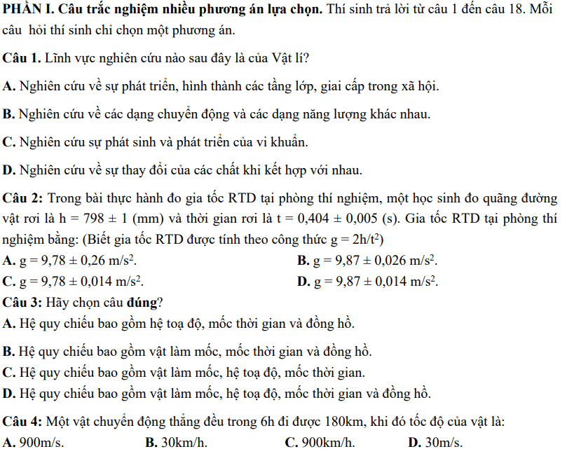 Đề thi giữa học kì 1 Vật lí 10 Kết nối tri thức