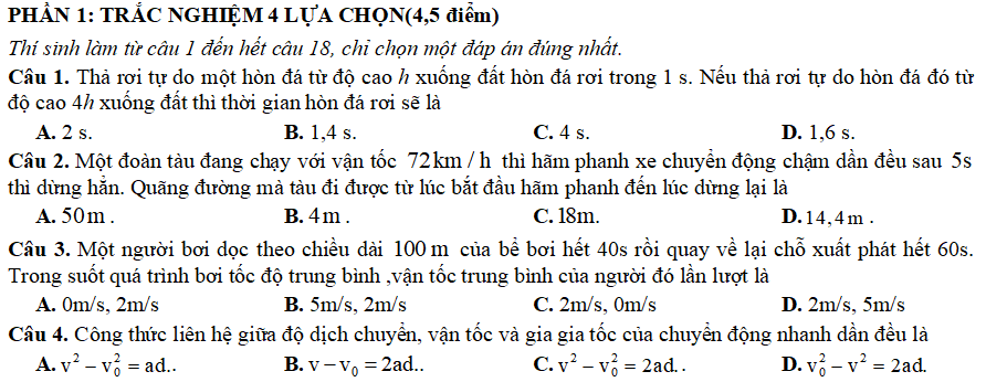 Đề thi giữa kì 1 lớp 10 môn Vật lý